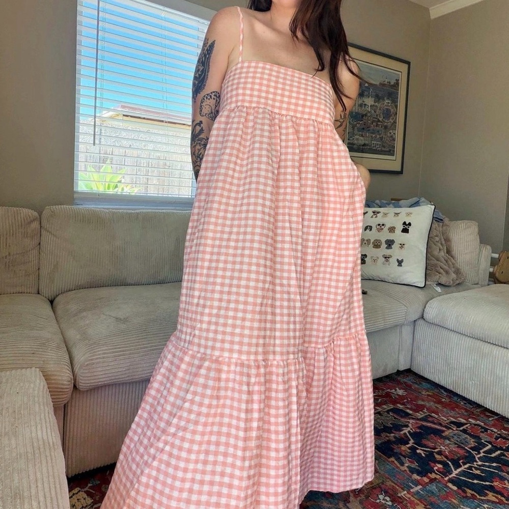 Petal & Pup Pink and White Gingham Tiered Maxi Sundress